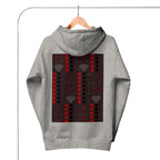 Daemon Luxury Supreme Models More Less Love unisex cotton hoodie in carbon grey, back view showing design and hood detail.