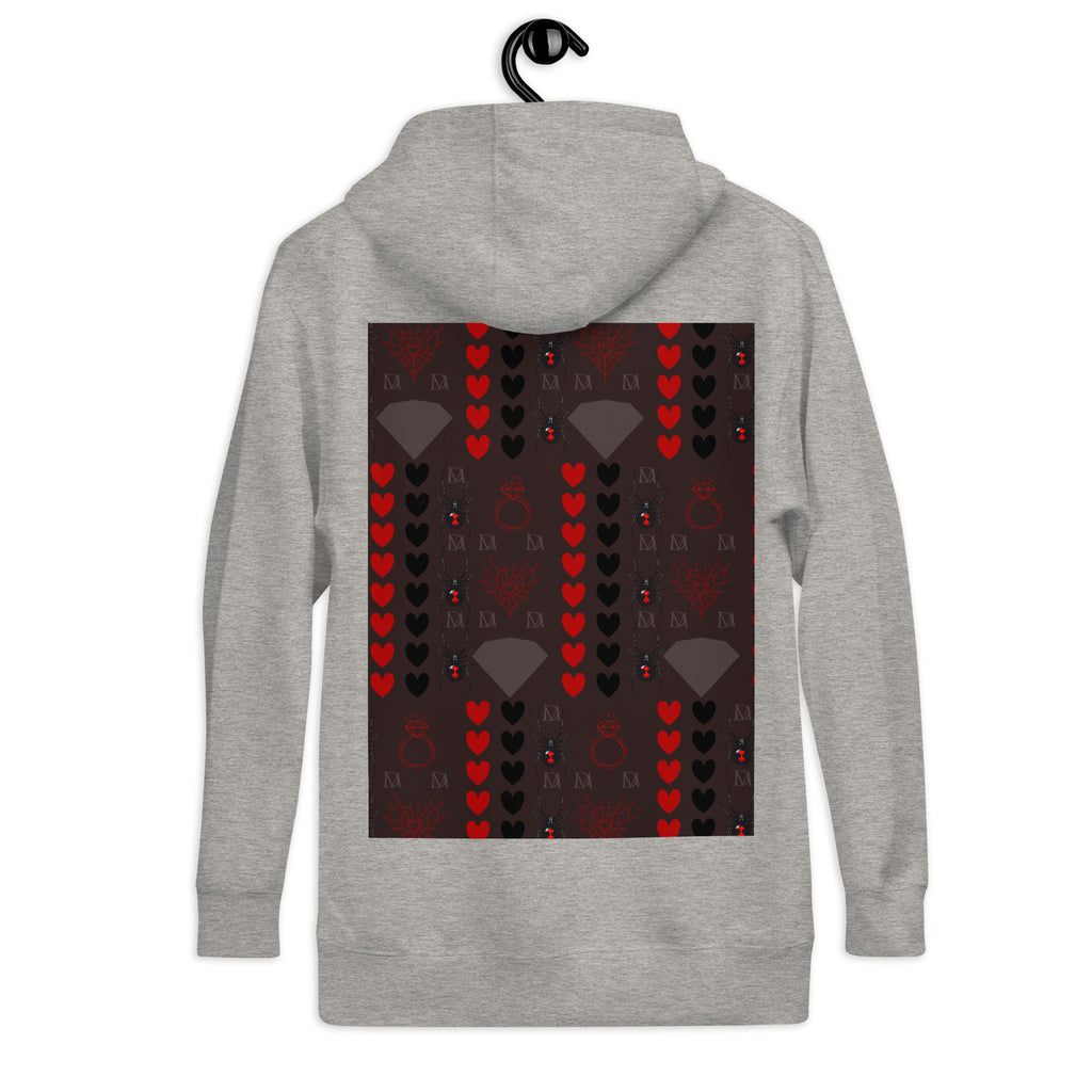Daemon Luxury Supreme Models More Less Love unisex cotton hoodie in carbon grey with a back print and hood.