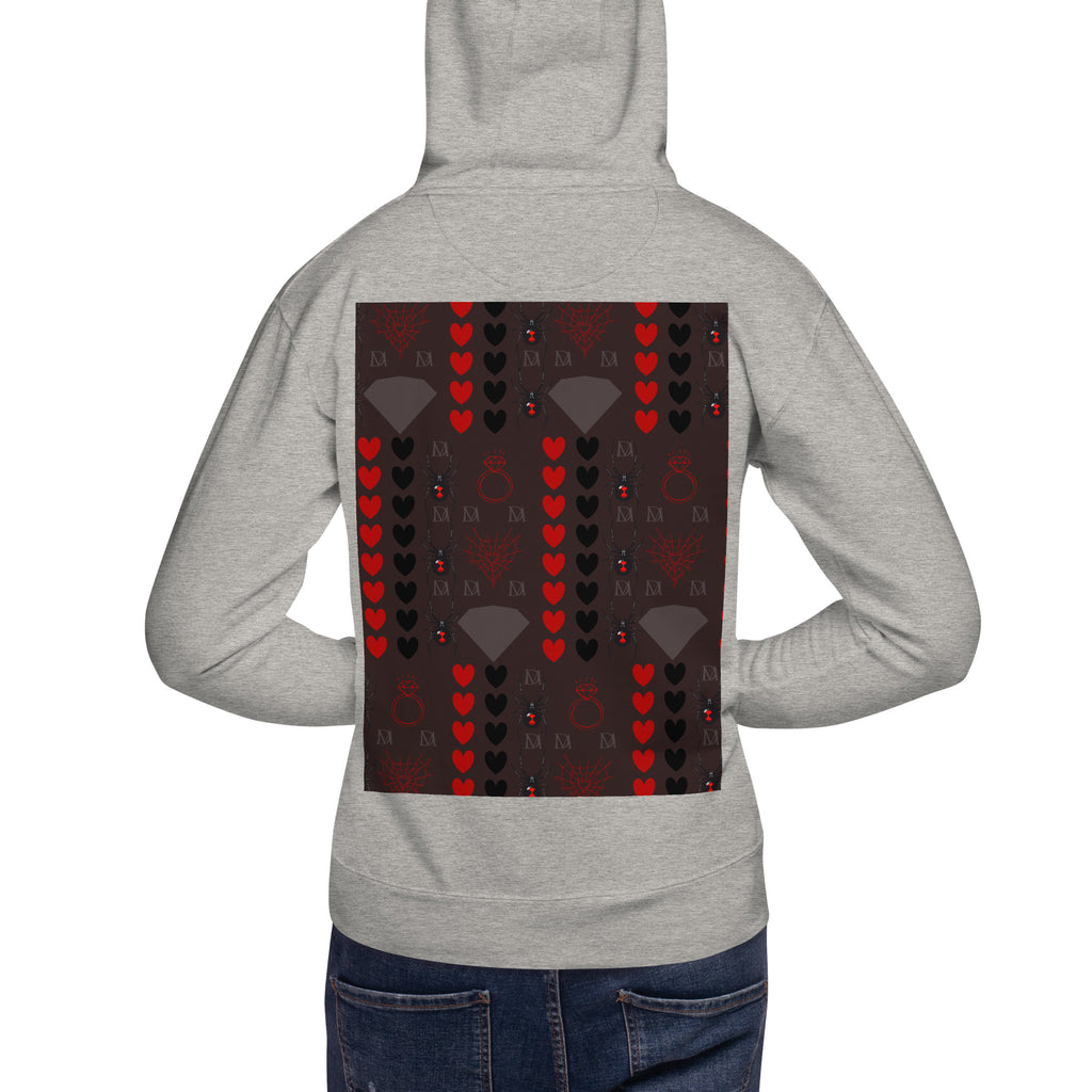 Daemon Luxury Supreme Models More Less Love unisex cotton hoodie in carbon grey, back view showing minimalistic design.