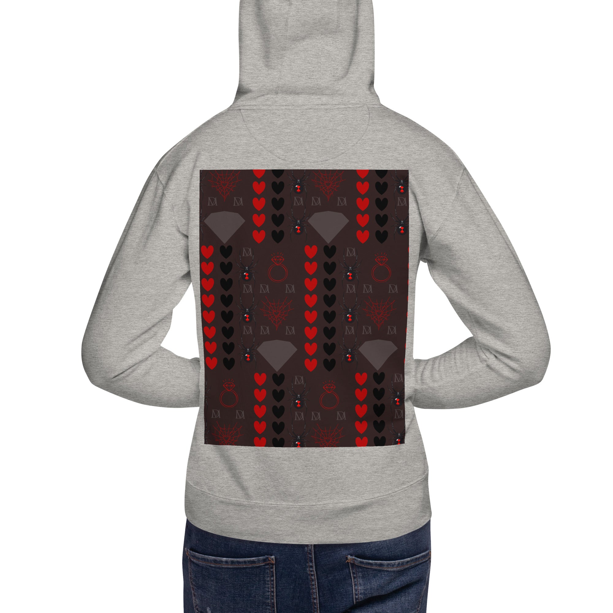 Daemon Luxury Supreme Models More Less Love unisex cotton hoodie in carbon grey, back view showing minimalistic design.