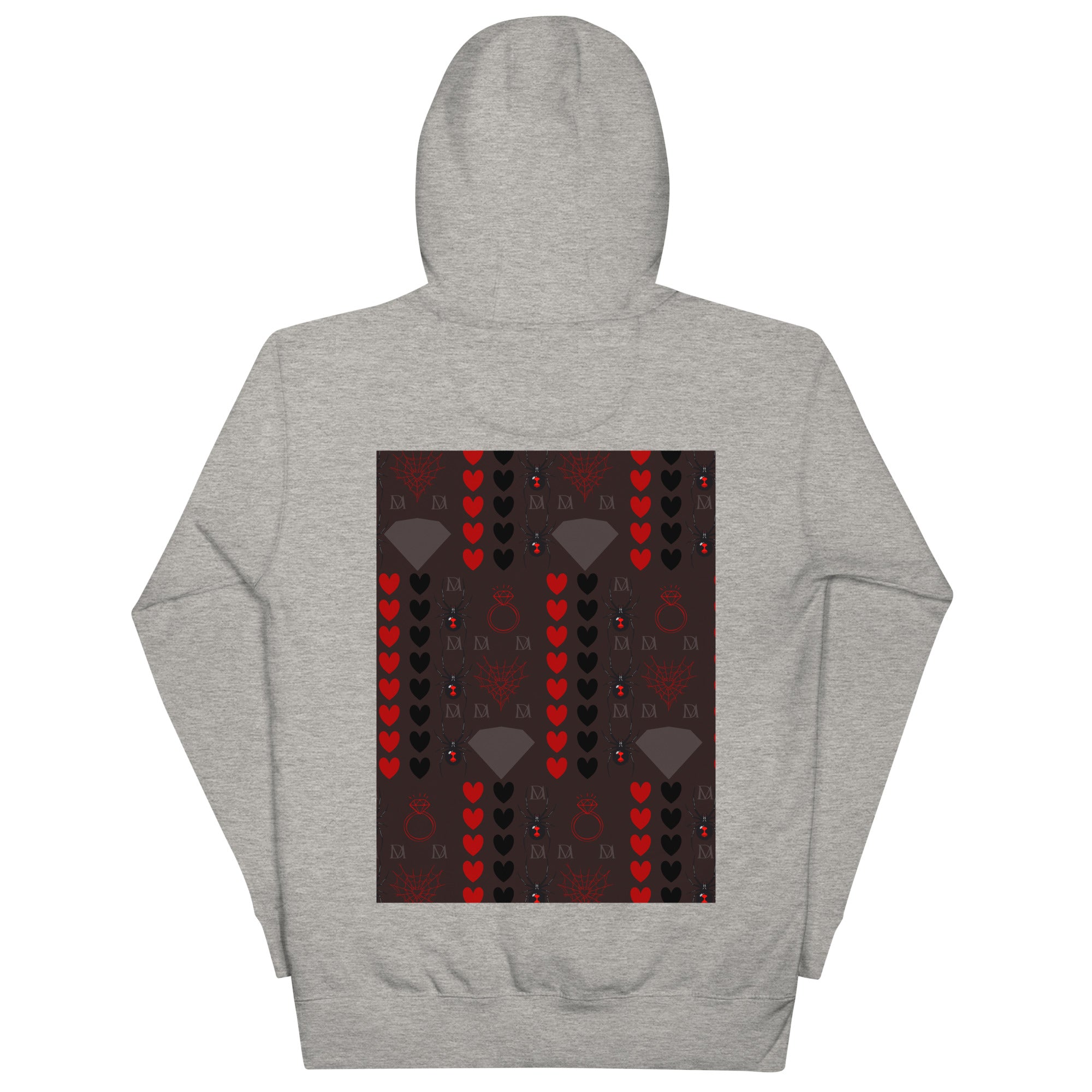 Daemon Luxury Supreme Models More Less Love unisex cotton hoodie in carbon grey with front print and cozy hood.