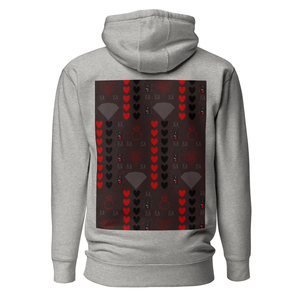 Daemon Luxury Supreme Models More Less Love cotton hoodie, unisex premium pullover with hood in carbon grey, back view
