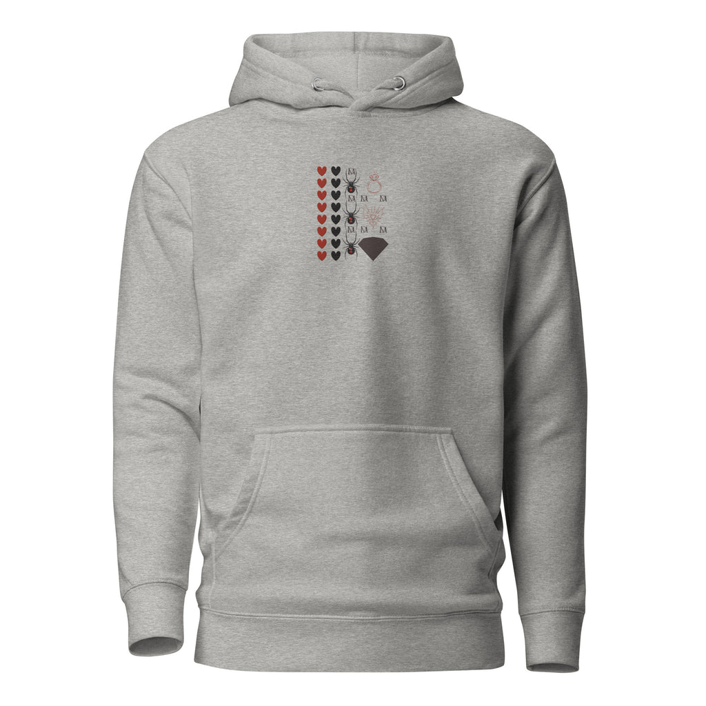 Daemon Luxury Supreme Models More Less Love cotton-heritage unisex premium hoodie in carbon grey, front view.