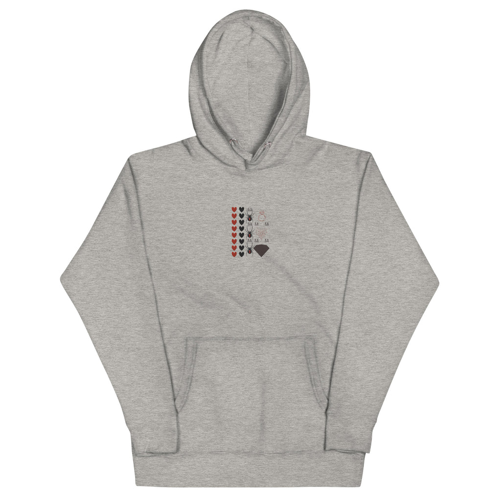 Daemon Luxury Supreme Models More Less Love unisex cotton hoodie in carbon grey with front print and hood.