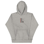 Daemon Luxury Supreme Models More Less Love unisex cotton hoodie in carbon grey with front print and hood.