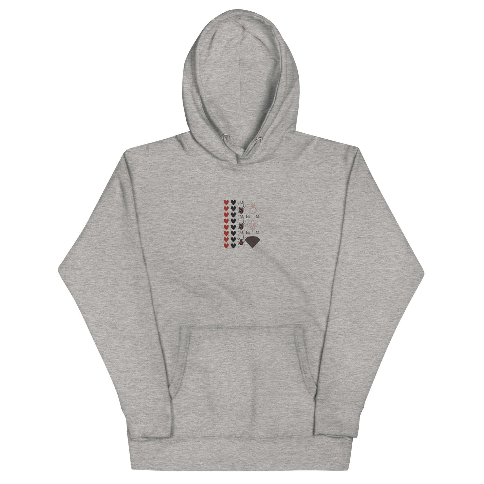 Daemon Luxury Supreme Models More Less Love unisex cotton hoodie in carbon grey with front print and hood.
