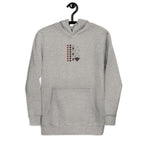 Daemon Luxury Supreme Models More Less Love cotton hoodie with front graphic in carbon grey, unisex pullover with hood.