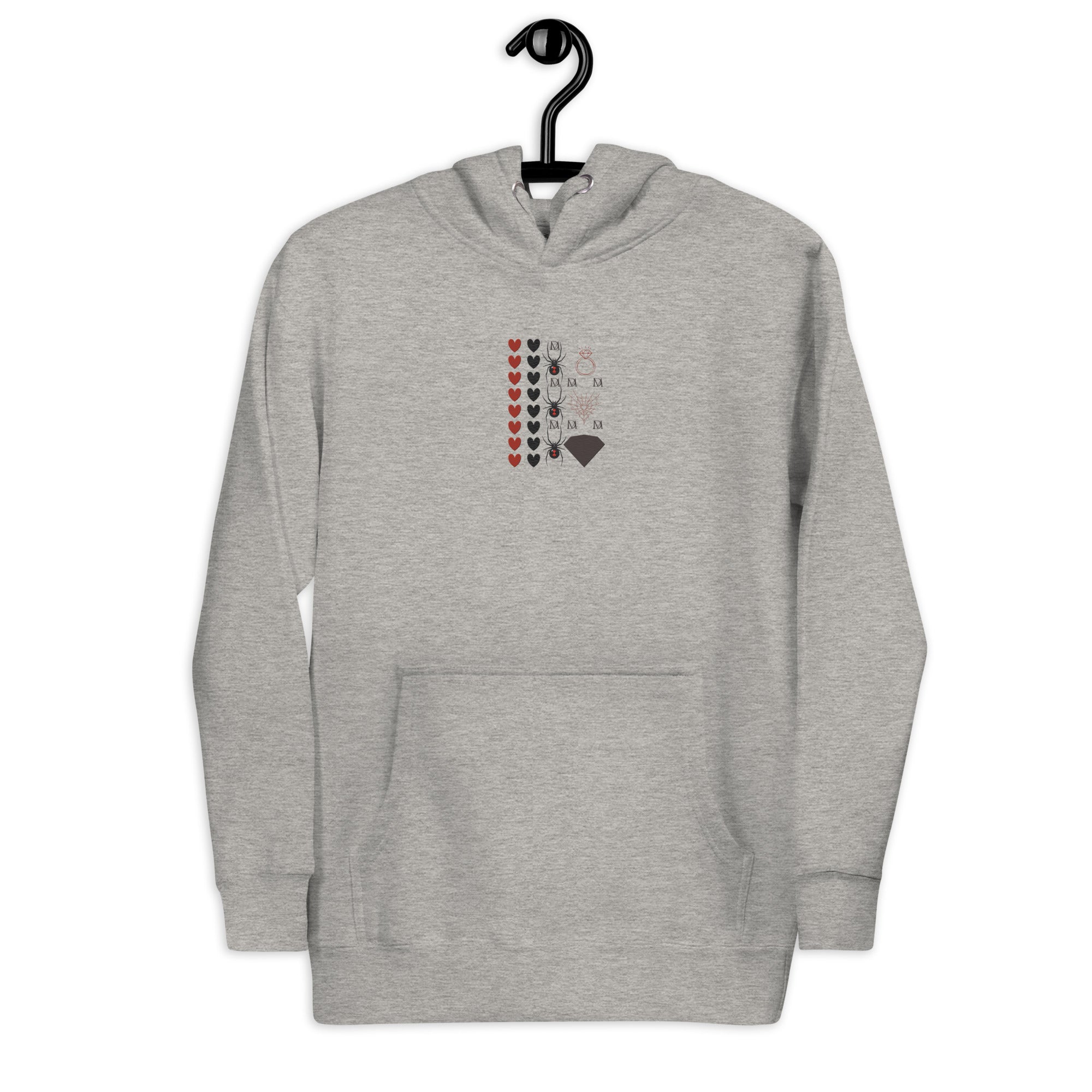Daemon Luxury Supreme Models More Less Love cotton hoodie with front graphic in carbon grey, unisex pullover with hood.