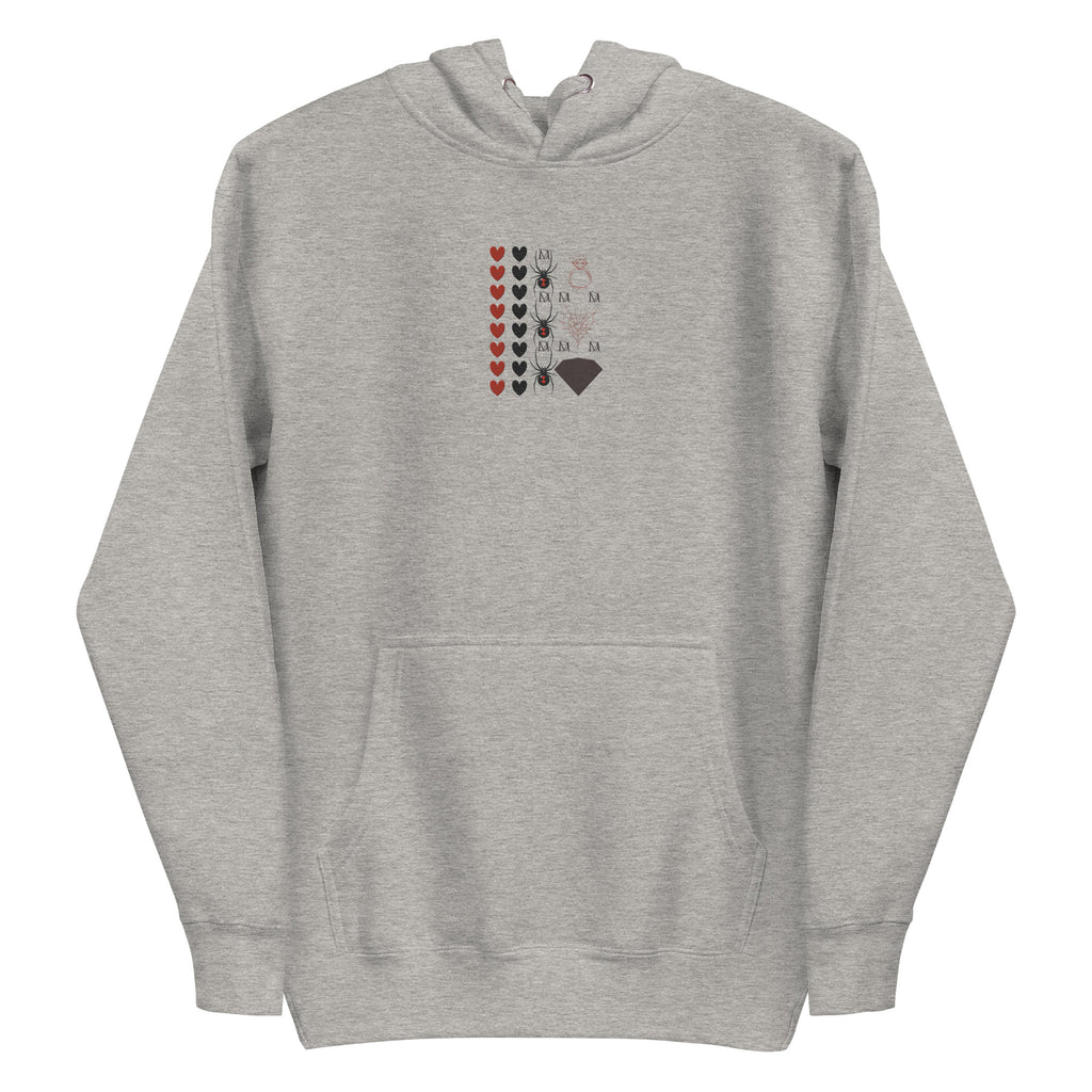 Daemon Luxury Supreme Models More Less Love hoodie in carbon grey, unisex cotton pullover with hood and front design.