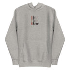 Daemon Luxury Supreme Models More Less Love hoodie in carbon grey, unisex cotton pullover with hood and front design.