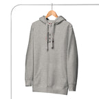 Daemon Luxury Supreme Models More Less Love unisex cotton hoodie in carbon grey with front design.