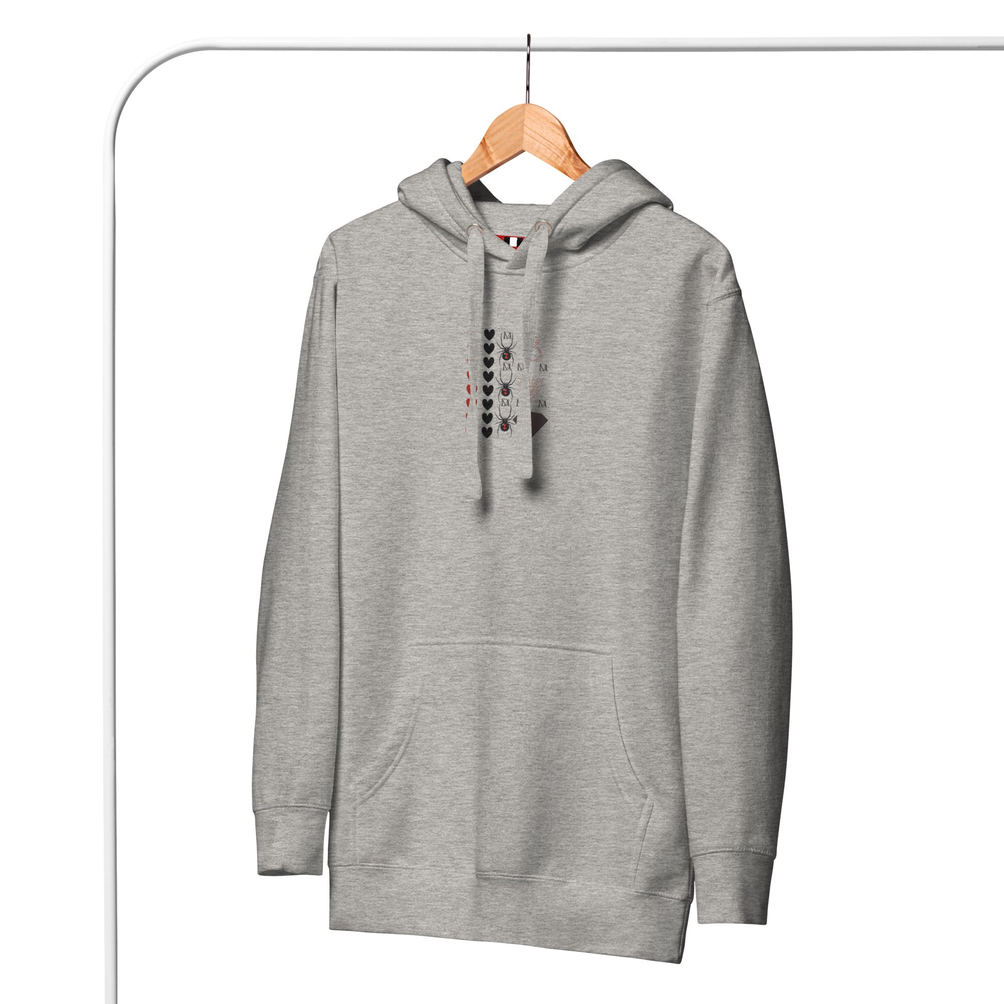 Daemon Luxury Supreme Models More Less Love unisex cotton hoodie in carbon grey with front design.