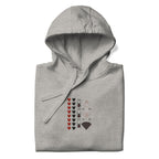Daemon Luxury Supreme Models More Less Love unisex cotton hoodie in carbon grey with front print and hood.