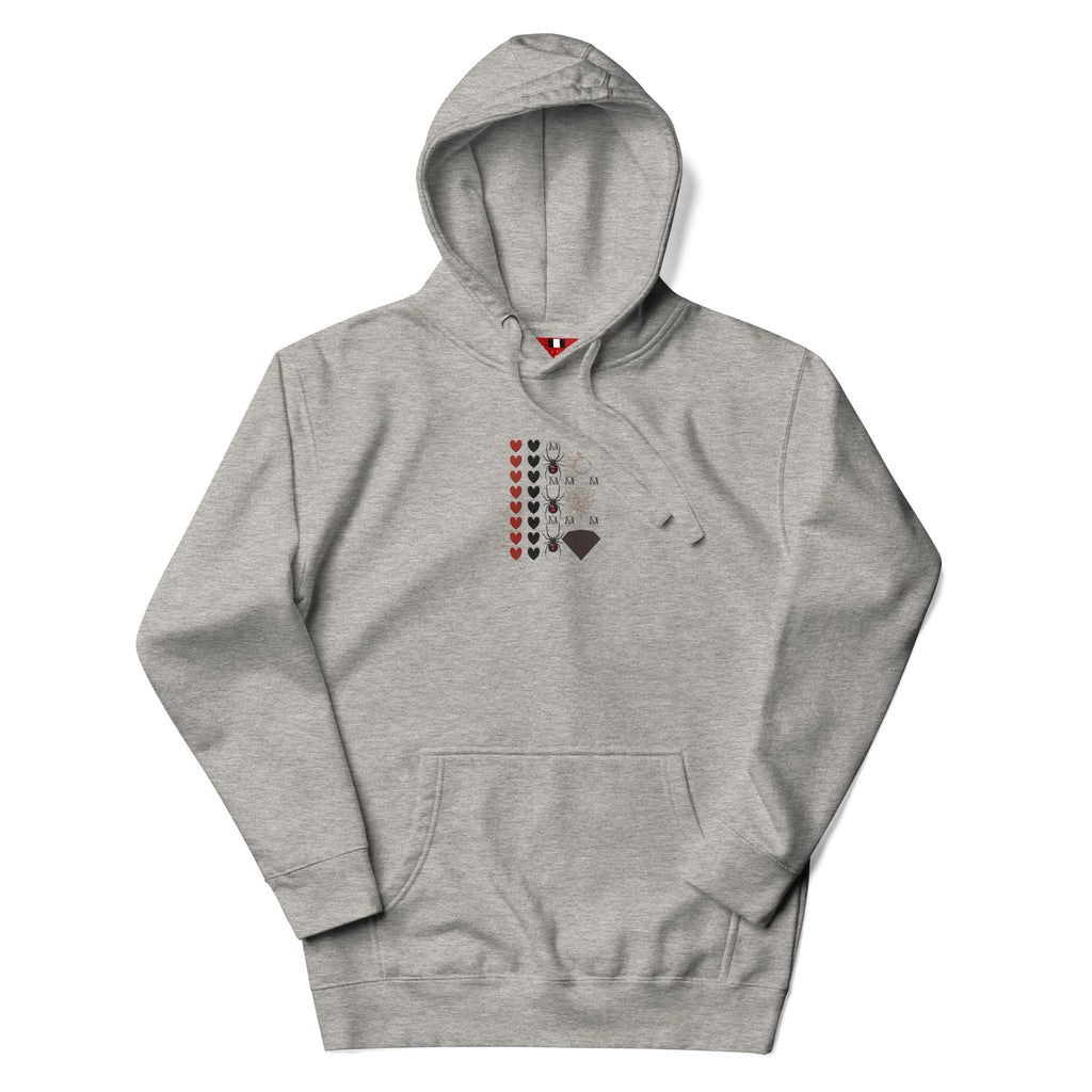 Daemon Luxury Supreme Models More Less Love unisex cotton hoodie with front print in carbon grey, casual streetwear style.