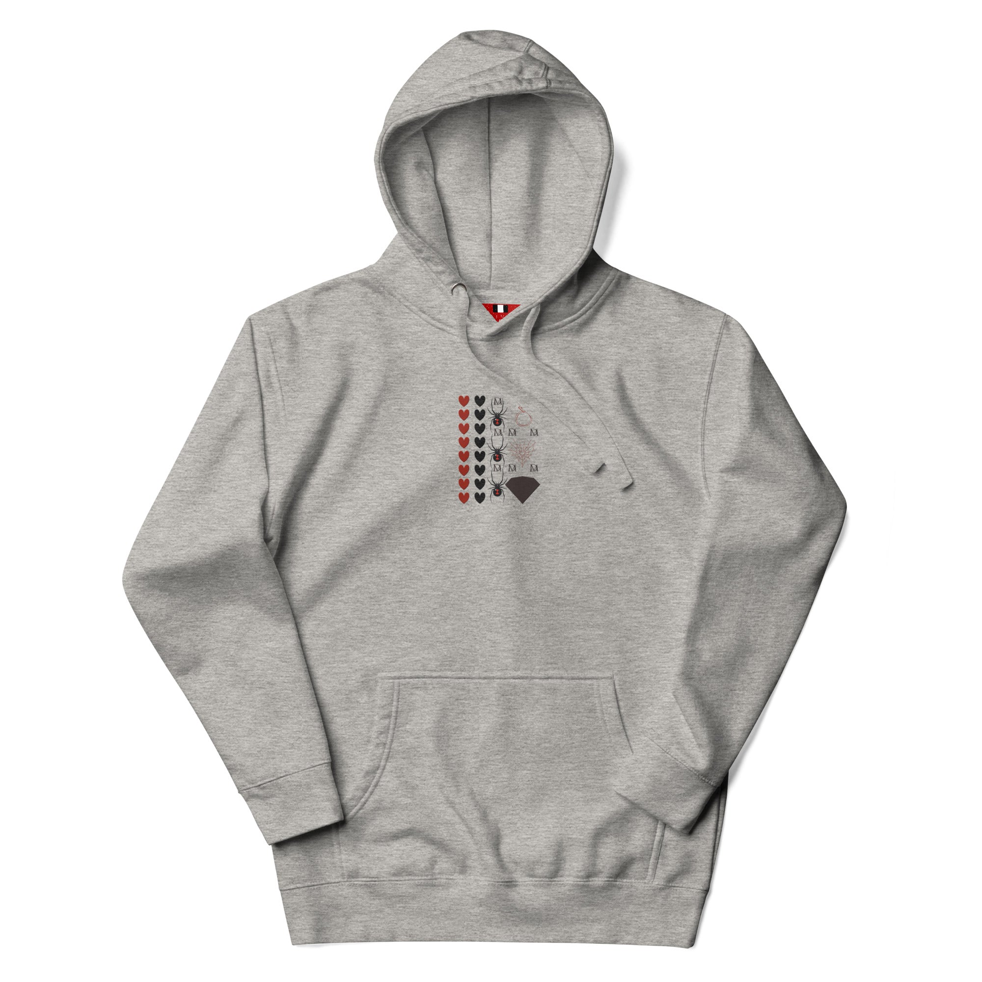 Daemon Luxury Supreme Models More Less Love unisex cotton hoodie with front print in carbon grey, casual streetwear style.