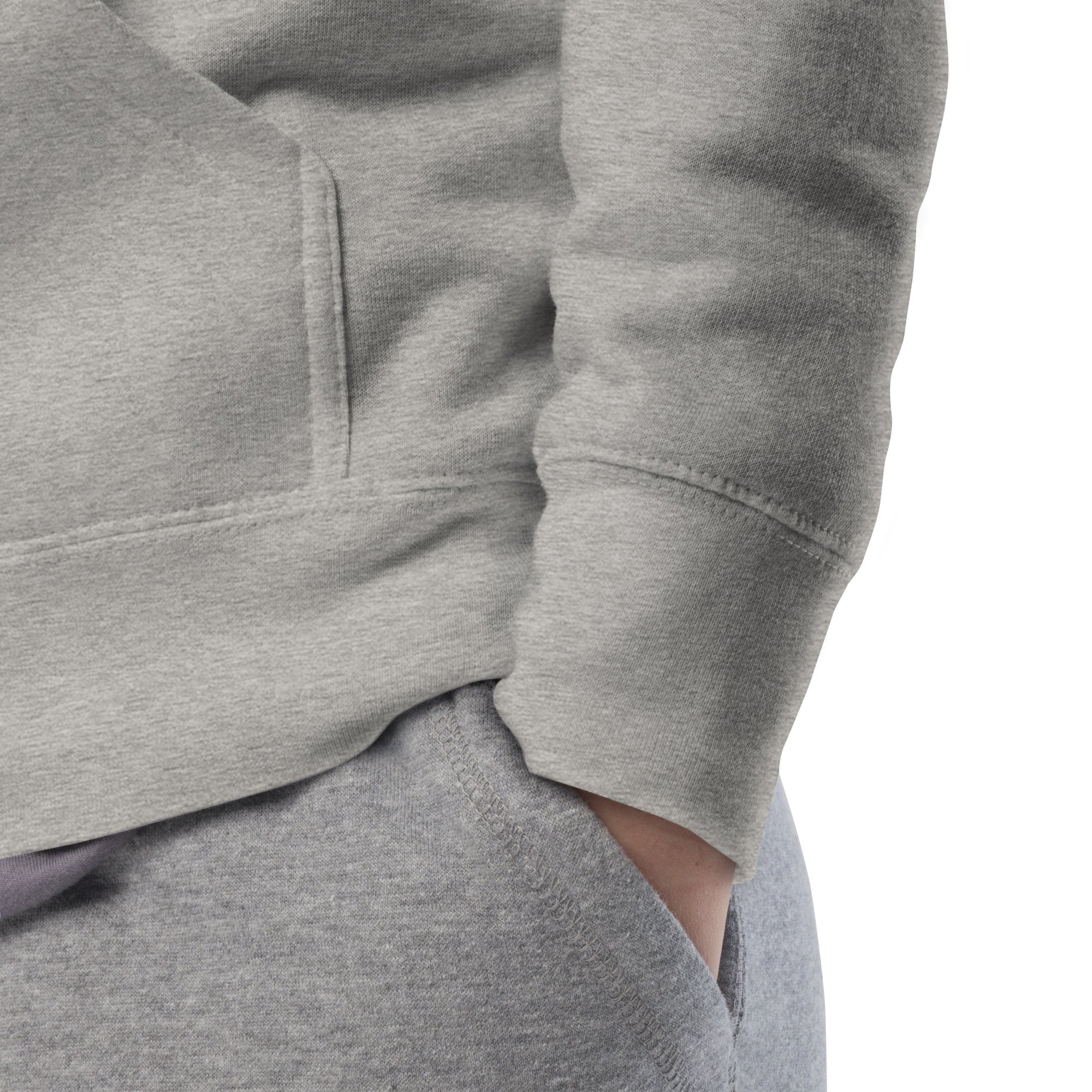 Daemon Luxury Supreme Models More Less Love hoodie, unisex cotton pullover sweatshirt in carbon grey with hood and premium fabric.
