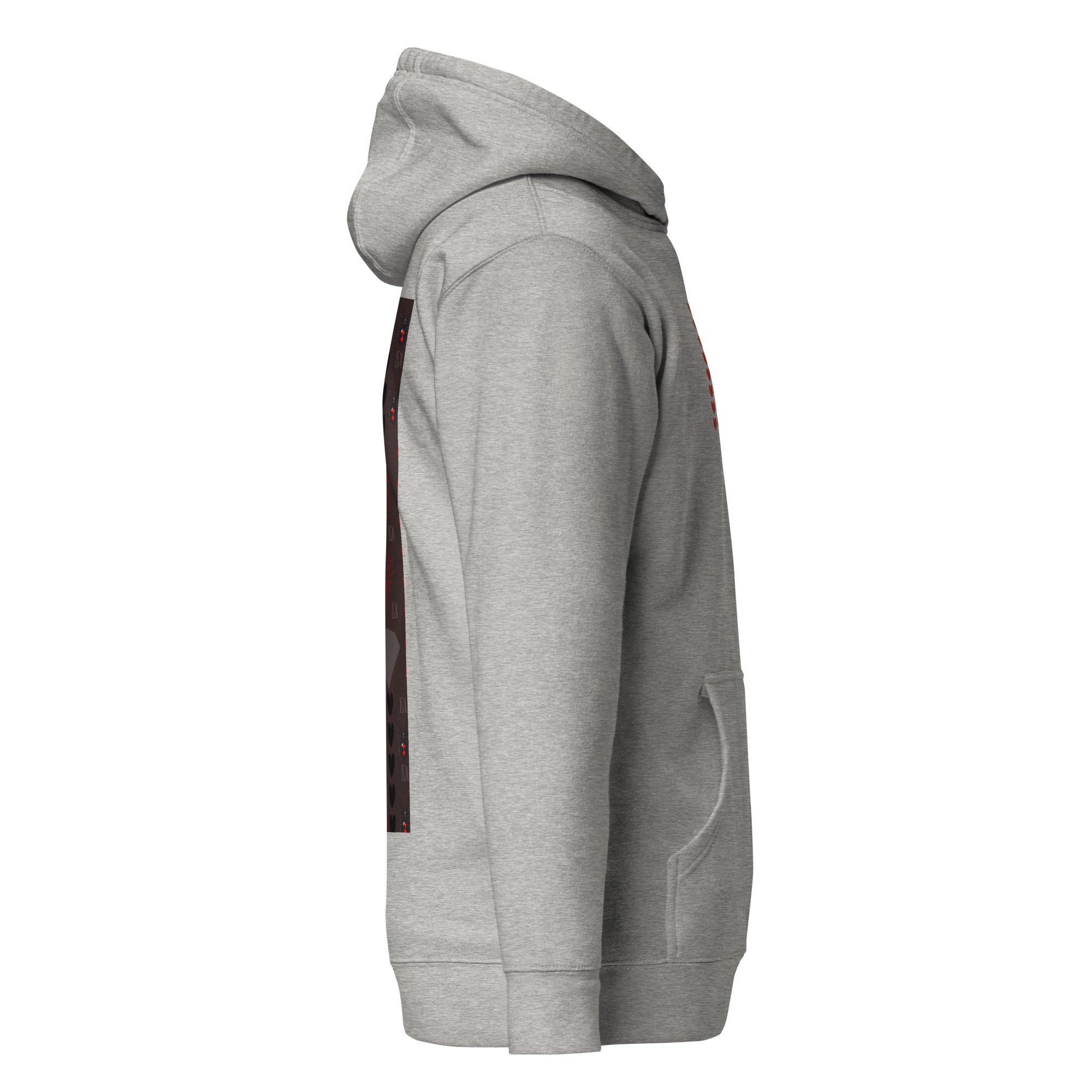 Daemon Luxury Supreme Models More Less Love unisex cotton hoodie in carbon grey with hood and minimal design.