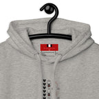 Daemon Luxury Supreme Models More Less Love unisex cotton hoodie in carbon grey, featuring a cozy hood and premium fabric.