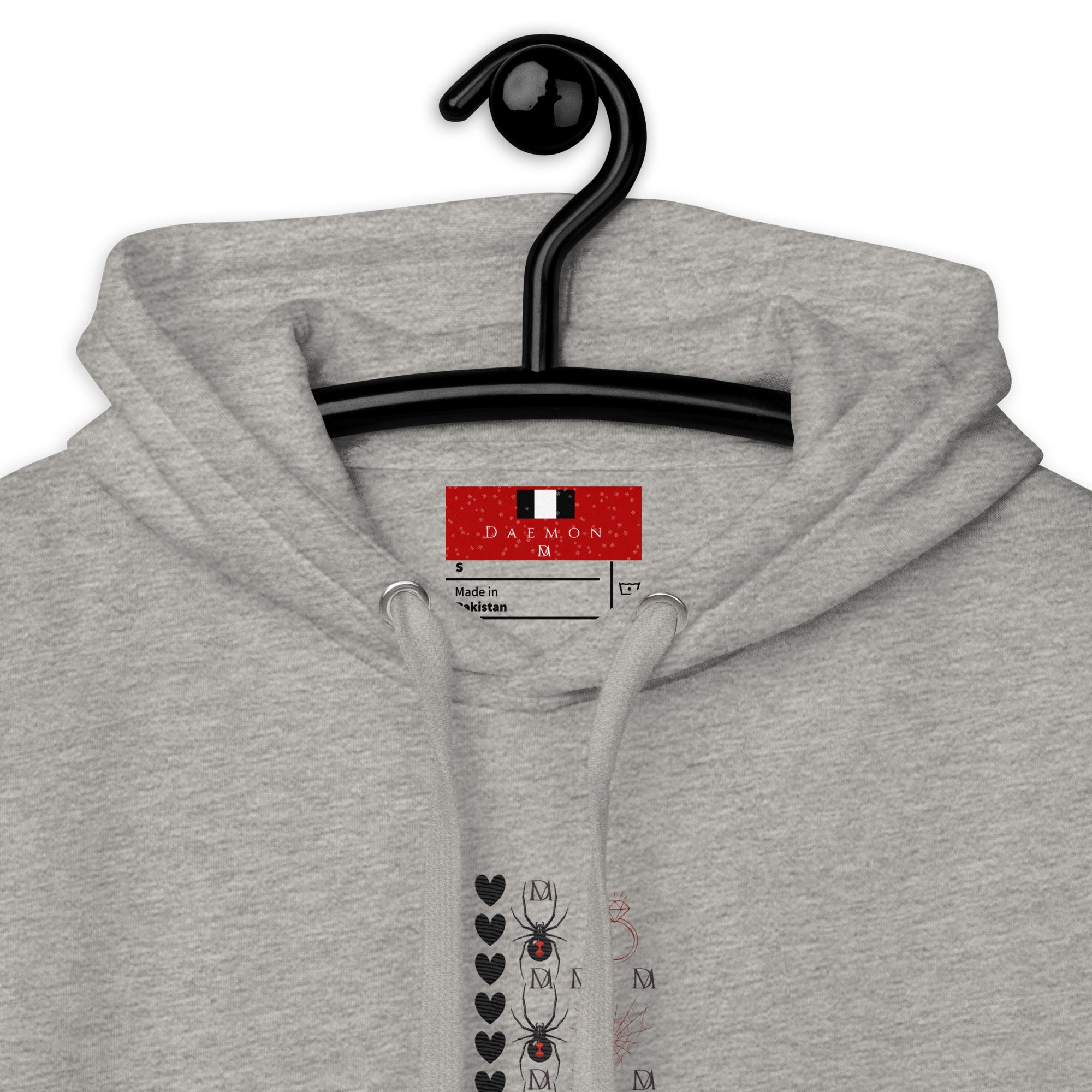 Daemon Luxury Supreme Models More Less Love unisex cotton hoodie in carbon grey, featuring a cozy hood and premium fabric.