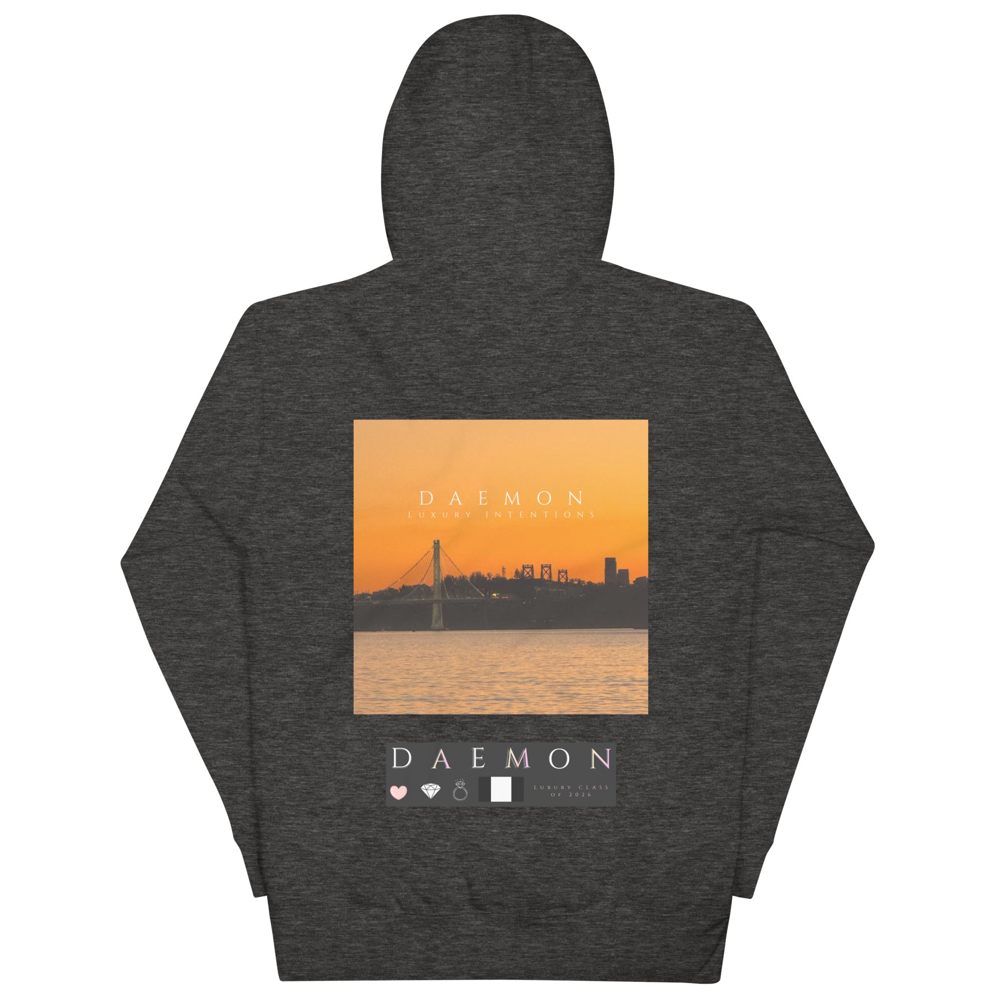 Daemon St. Francis Lux Angelic Winters unisex cotton hoodie in charcoal heather with a hood and front pocket.