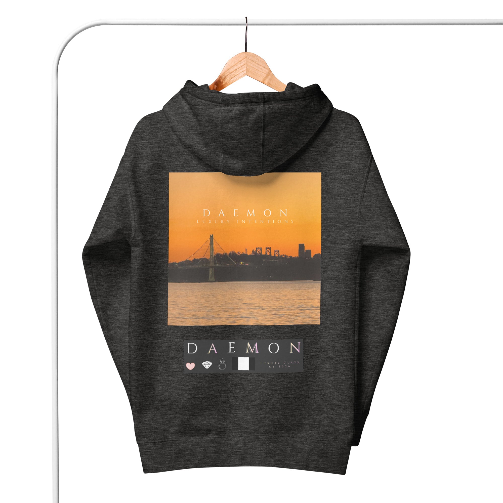 Daemon St. Francis Lux Angelic Winters unisex hoodie with a cotton heritage fabric, charcoal heather color and pullover design.