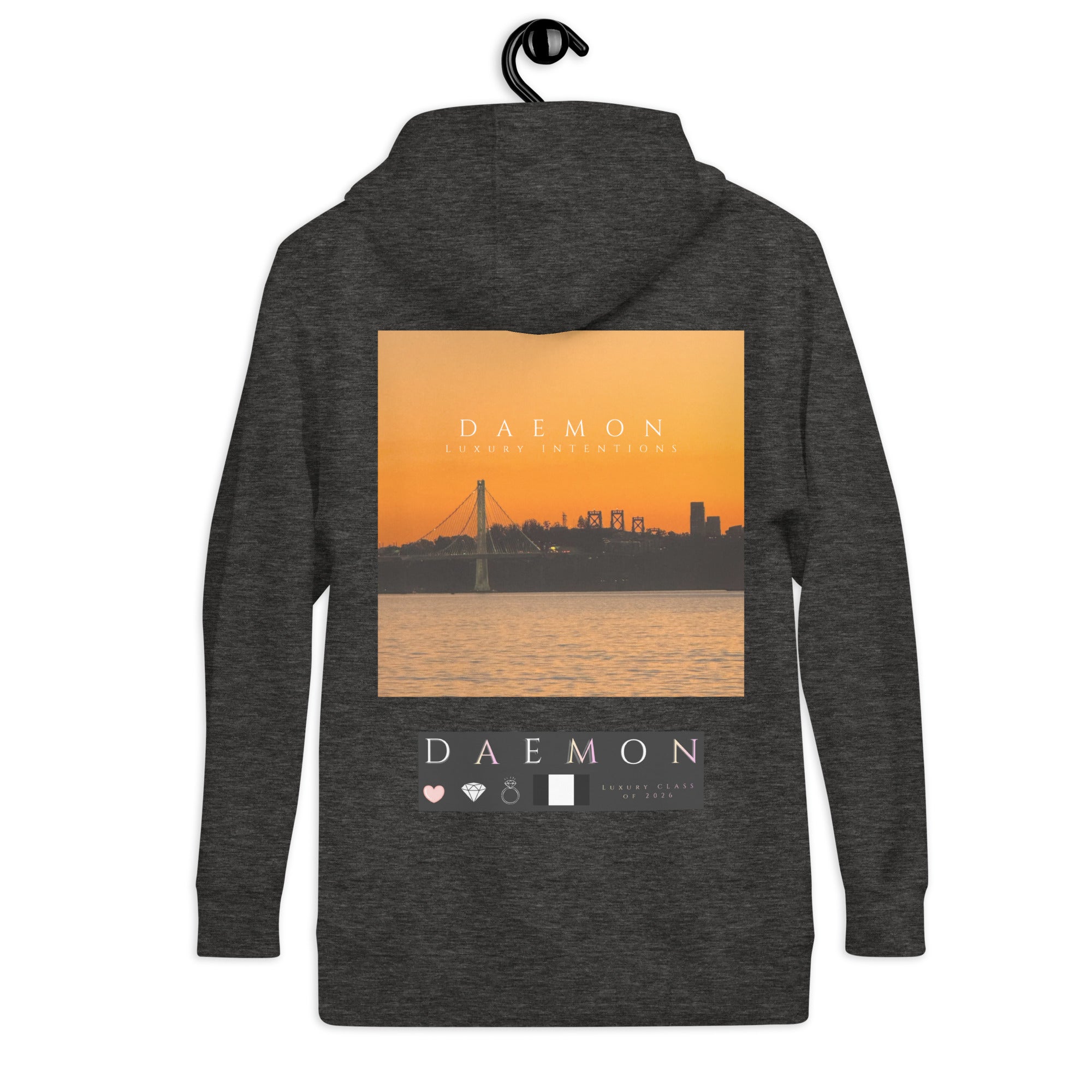 Daemon St. Francis Lux Angelic Winters cotton hoodie, unisex charcoal heather pullover with hood and front pocket.