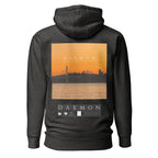 Daemon St. Francis Lux Angelic Winters unisex cotton hoodie in charcoal heather with a hood and front pocket.