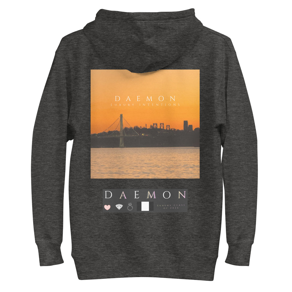 Daemon St. Francis Lux Angelic Winters cotton hoodie with hood, charcoal heather color, unisex premium pullover design.