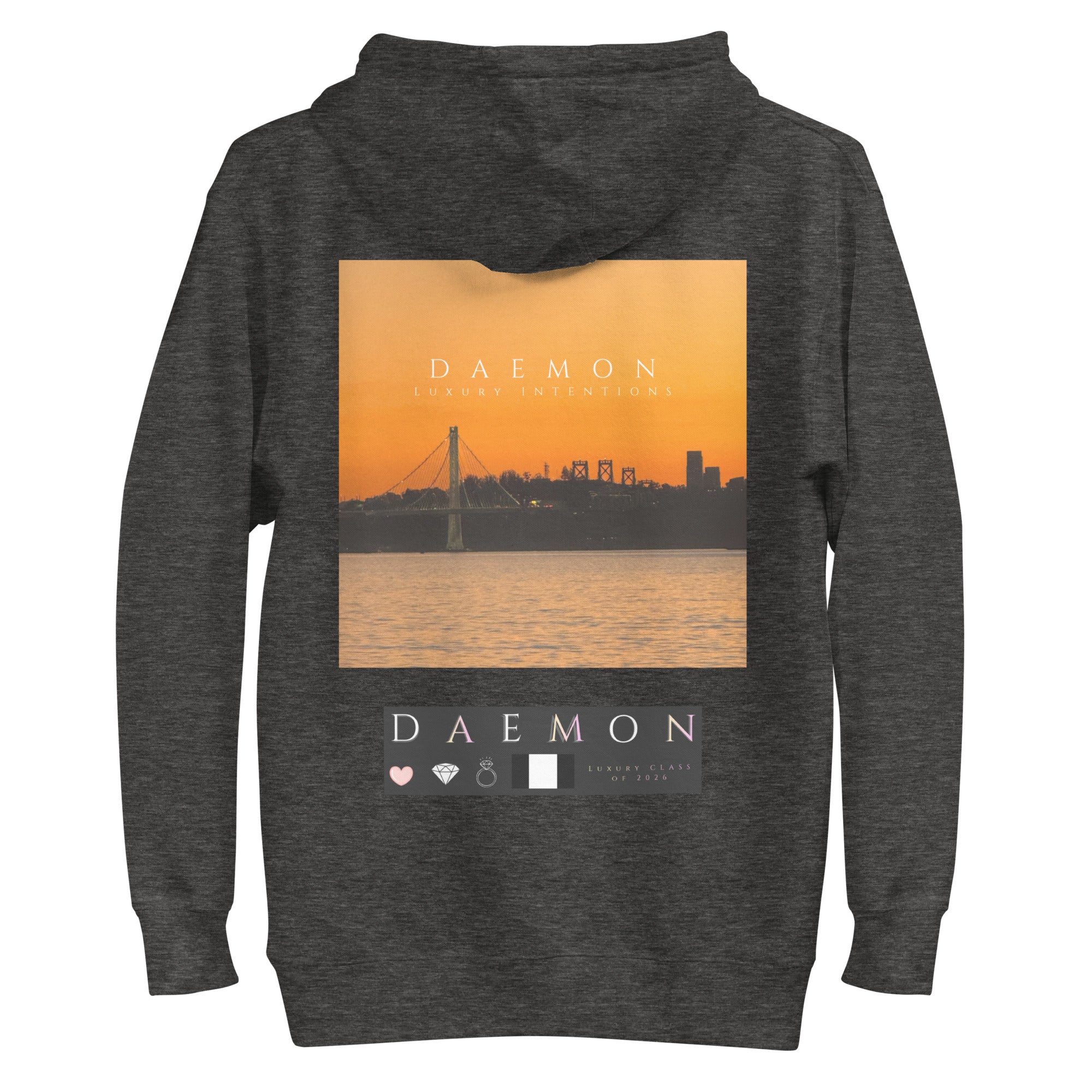 Daemon St. Francis Lux Angelic Winters cotton hoodie with hood, charcoal heather color, unisex premium pullover design.