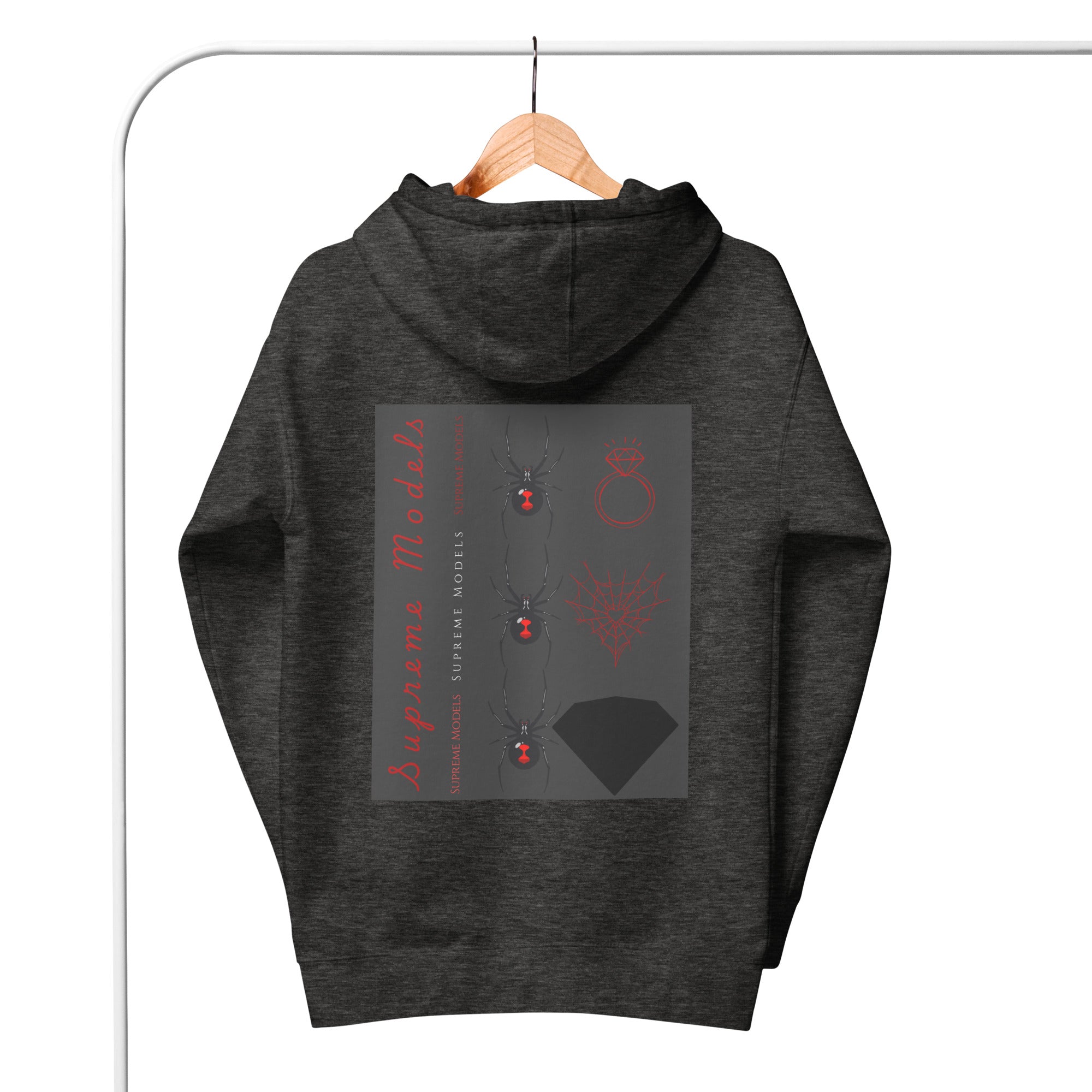 Daemon Luxury Supreme Models Elemental Powers unisex charcoal heather cotton hoodie with back graphic design.