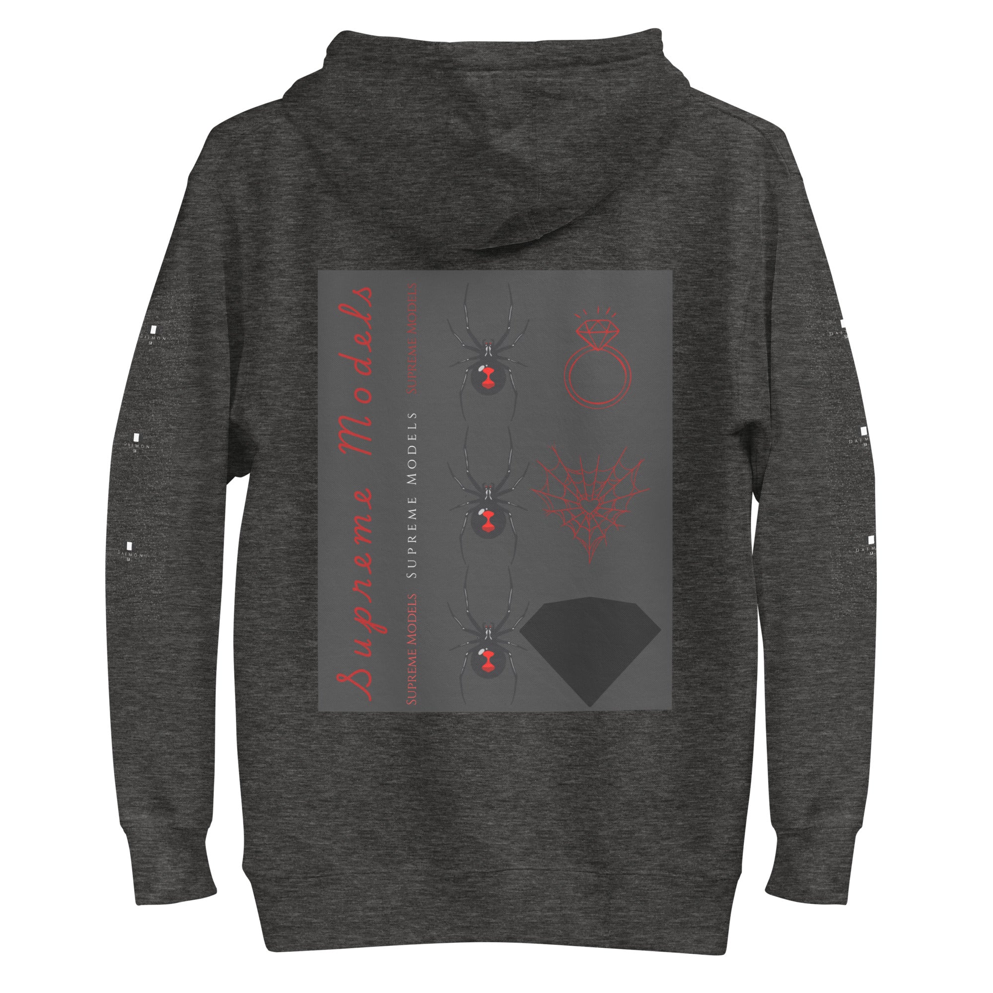 Daemon Luxury Supreme Models Elemental Powers unisex cotton heritage hoodie in charcoal heather with back design.