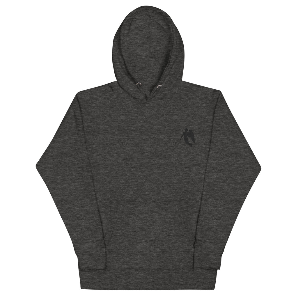 Daemon St. Francis Lux Angelic Winters cotton hoodie in charcoal heather, featuring a front view with a soft, unisex pullover design.
