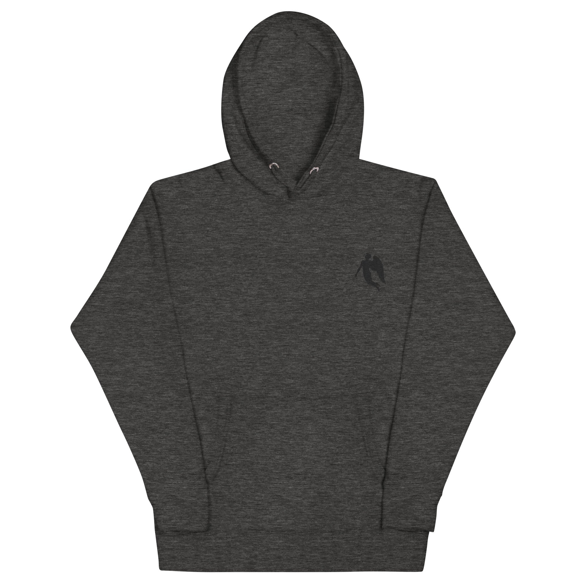 Daemon St. Francis Lux Angelic Winters cotton hoodie in charcoal heather, featuring a front view with a soft, unisex pullover design.