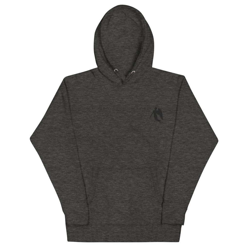 Daemon St. Francis Lux Angelic Winters cotton hoodie with front design in charcoal heather, unisex pullover with hood.