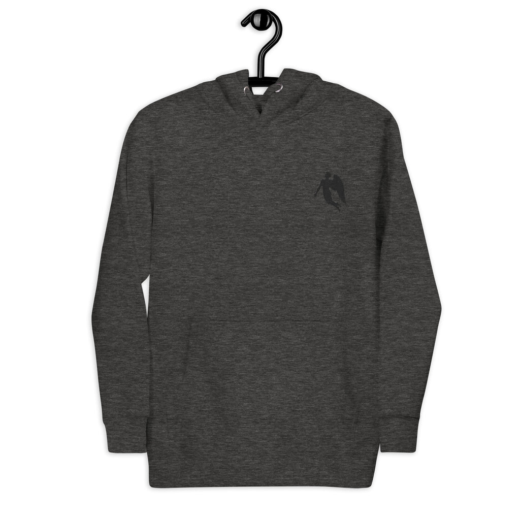 Daemon St. Francis Lux Angelic Winters hoodie, unisex charcoal heather cotton pullover with hood and front design.