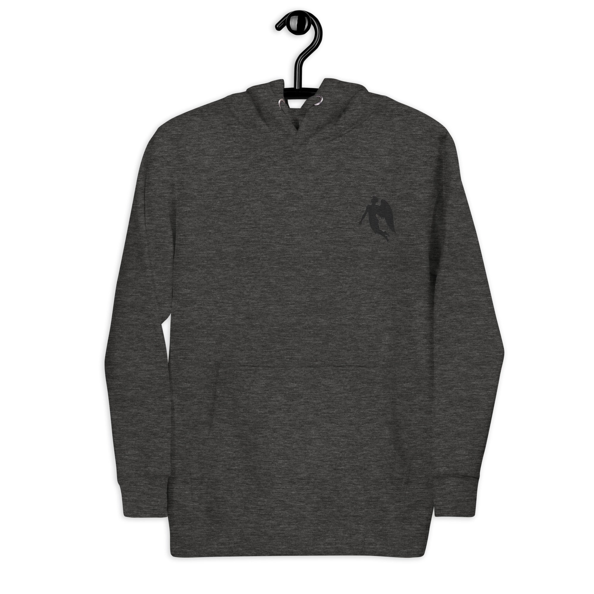 Daemon St. Francis Lux Angelic Winters hoodie, unisex charcoal heather cotton pullover with hood and front design.