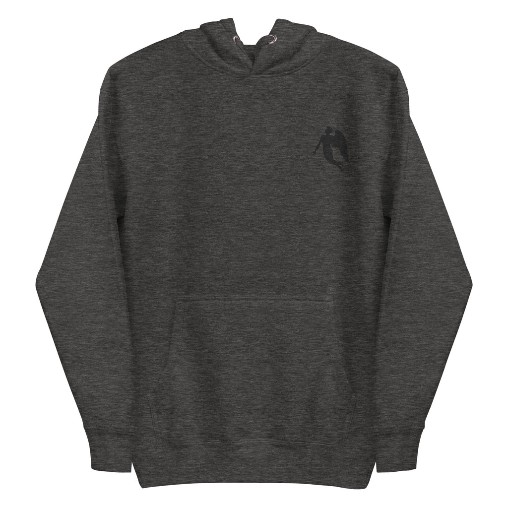 Daemon St. Francis Lux Angelic Winters hoodie, unisex charcoal heather cotton pullover with front design and hood.