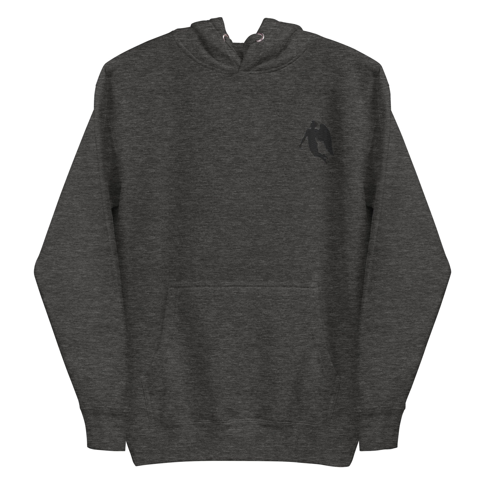 Daemon St. Francis Lux Angelic Winters hoodie, unisex charcoal heather cotton pullover with front design and hood.