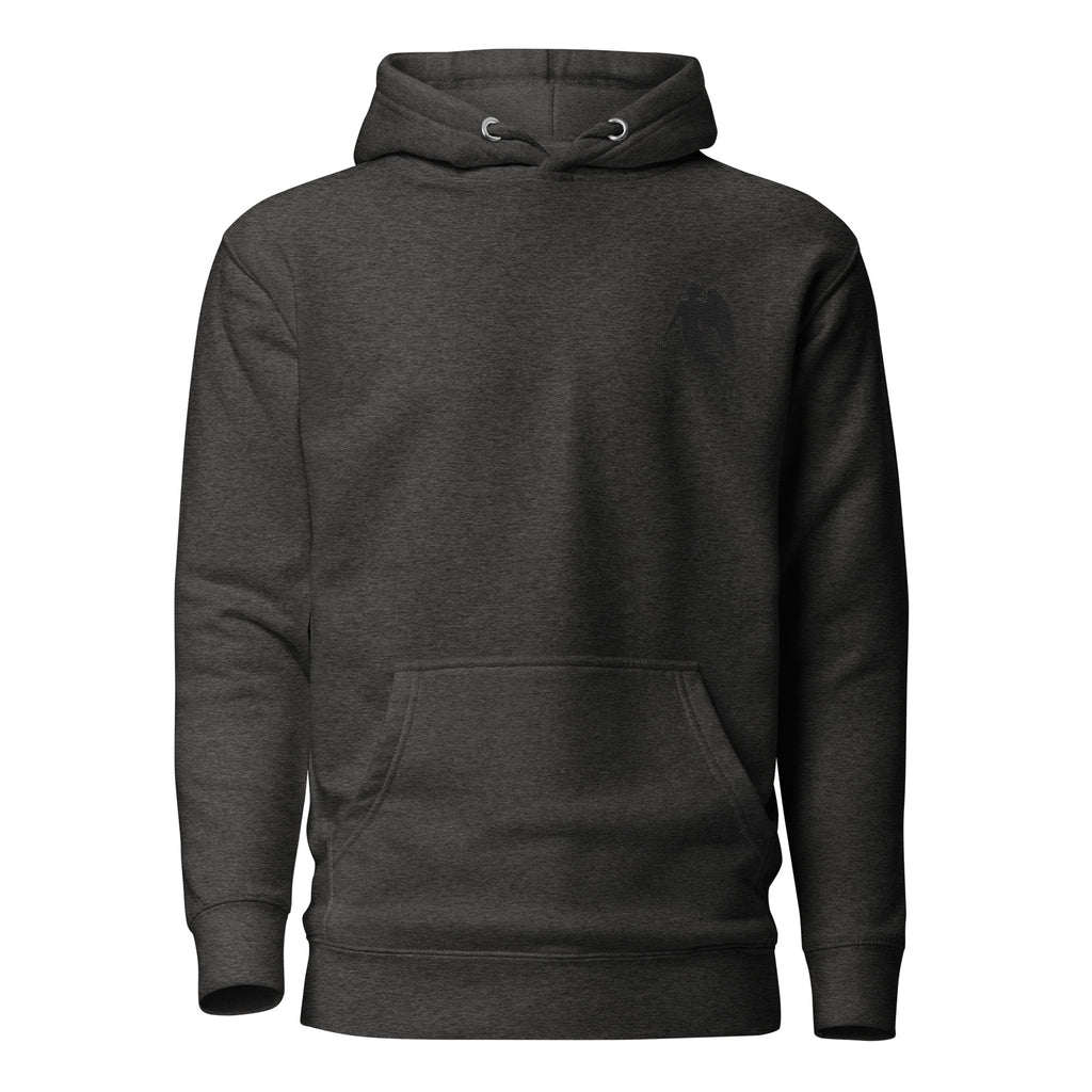 Daemon St. Francis Lux Angelic Winters cotton hoodie with front design in charcoal heather, unisex pullover with hood.