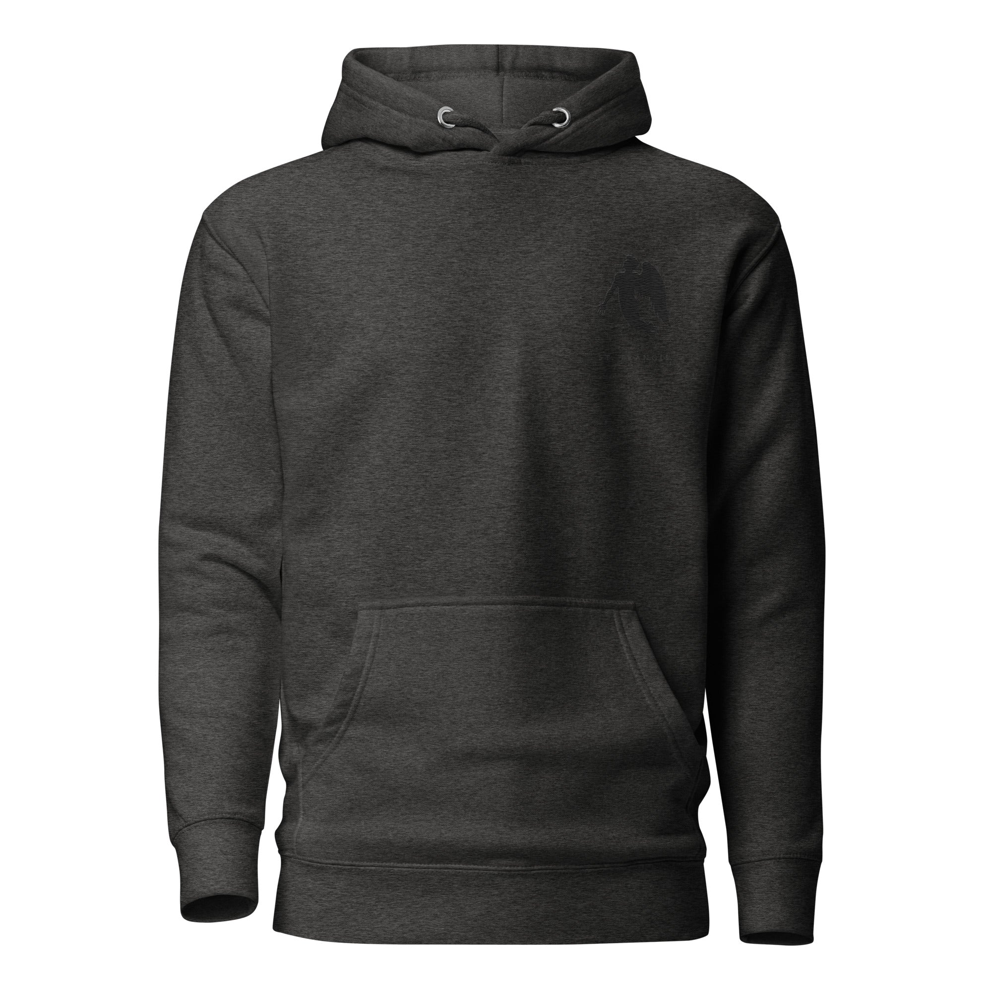 Daemon St. Francis Lux Angelic Winters cotton hoodie with front design in charcoal heather, unisex pullover with hood.
