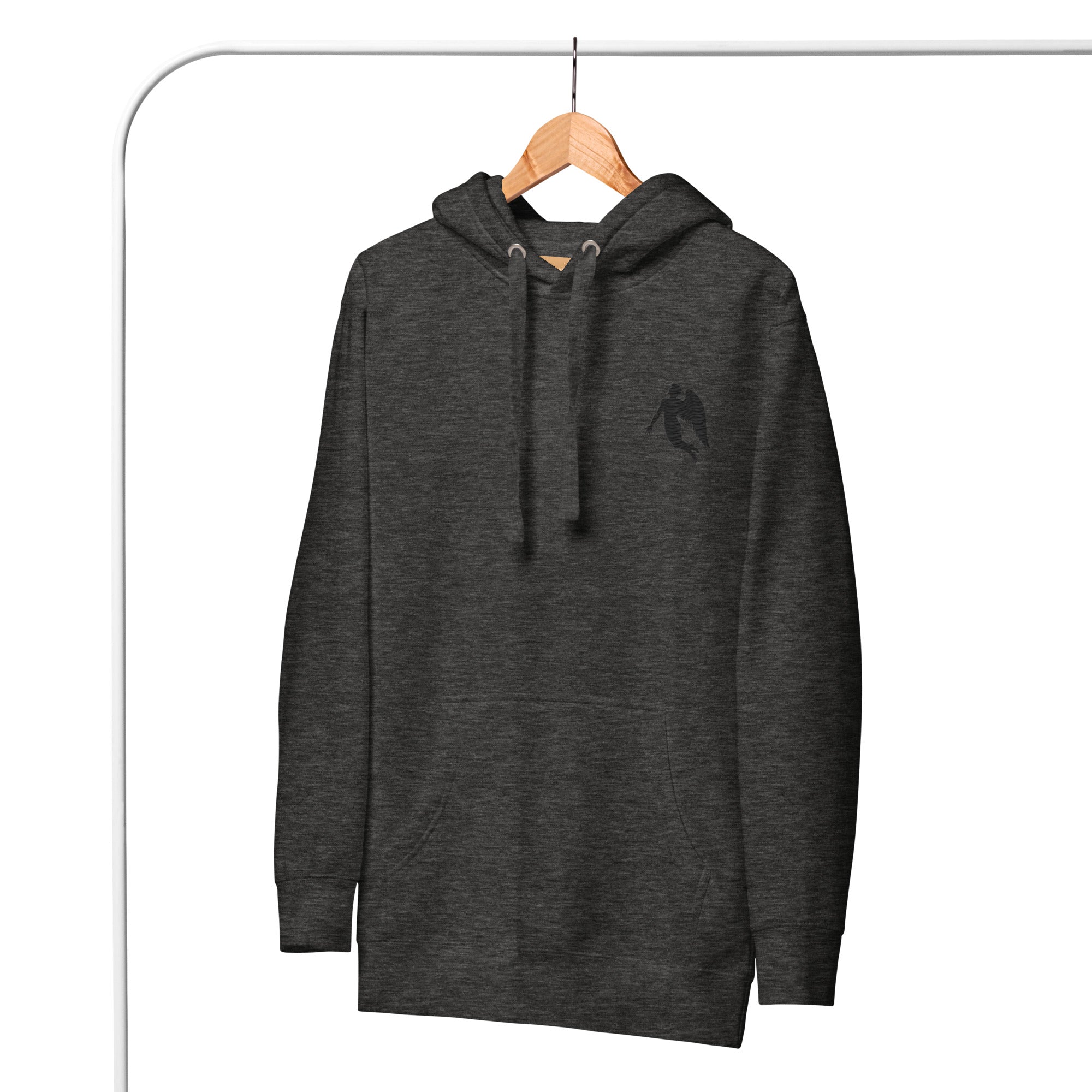 Daemon St. Francis Lux Angelic Winters hoodie, unisex charcoal heather cotton pullover with hood and front design.