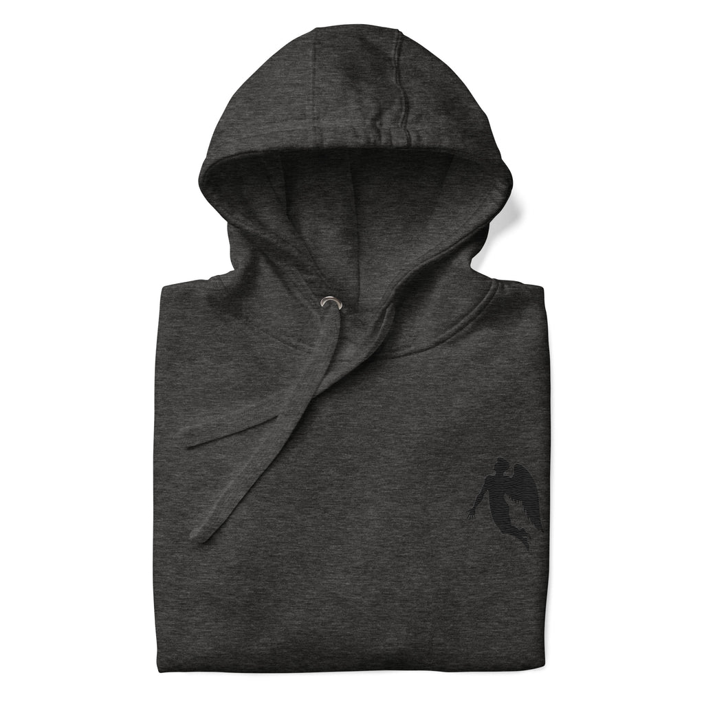 Daemon St. Francis Lux Angelic Winters cotton hoodie, unisex charcoal heather pullover with hood and front design.