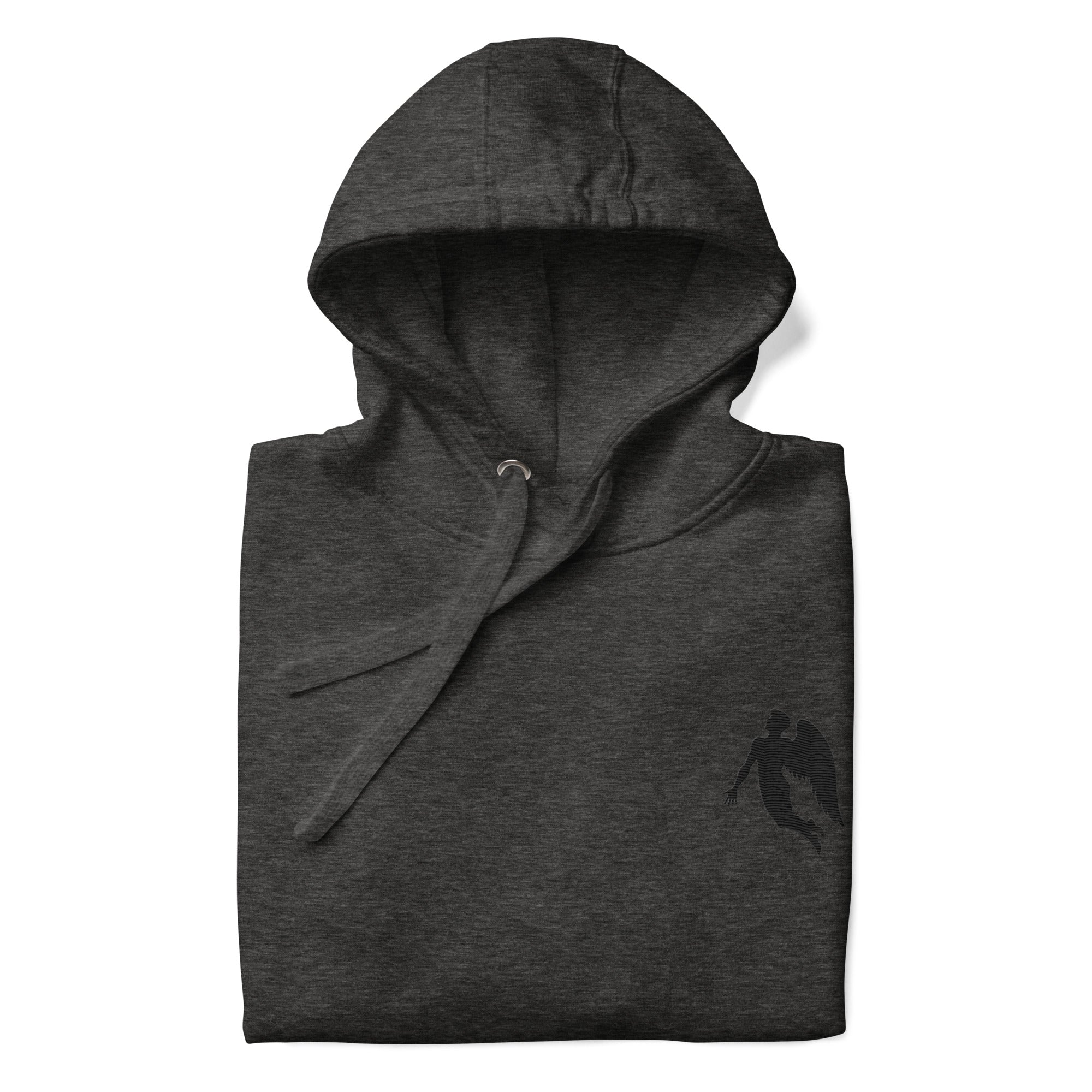 Daemon St. Francis Lux Angelic Winters cotton hoodie, unisex charcoal heather pullover with hood and front design.