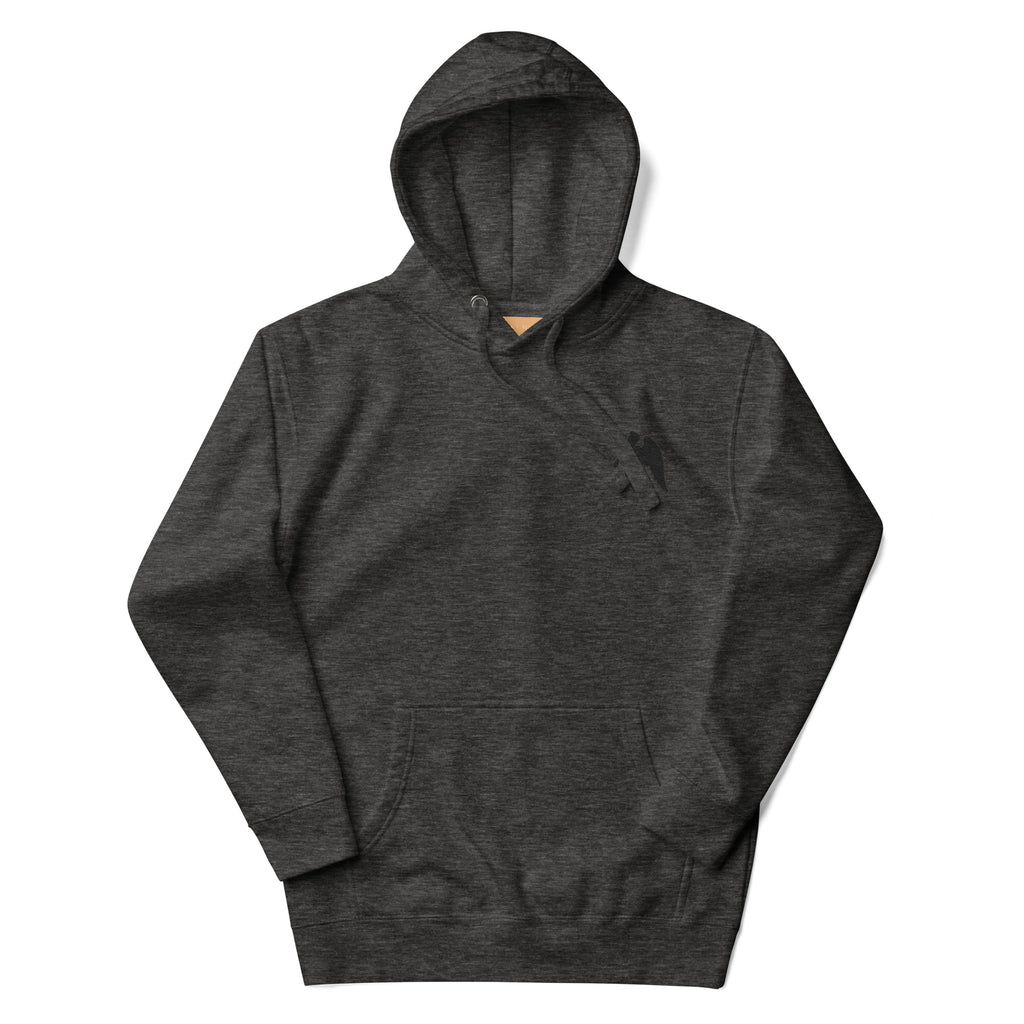 Daemon St. Francis Lux Angelic Winters unisex cotton hoodie in charcoal heather, featuring a hood and front design.