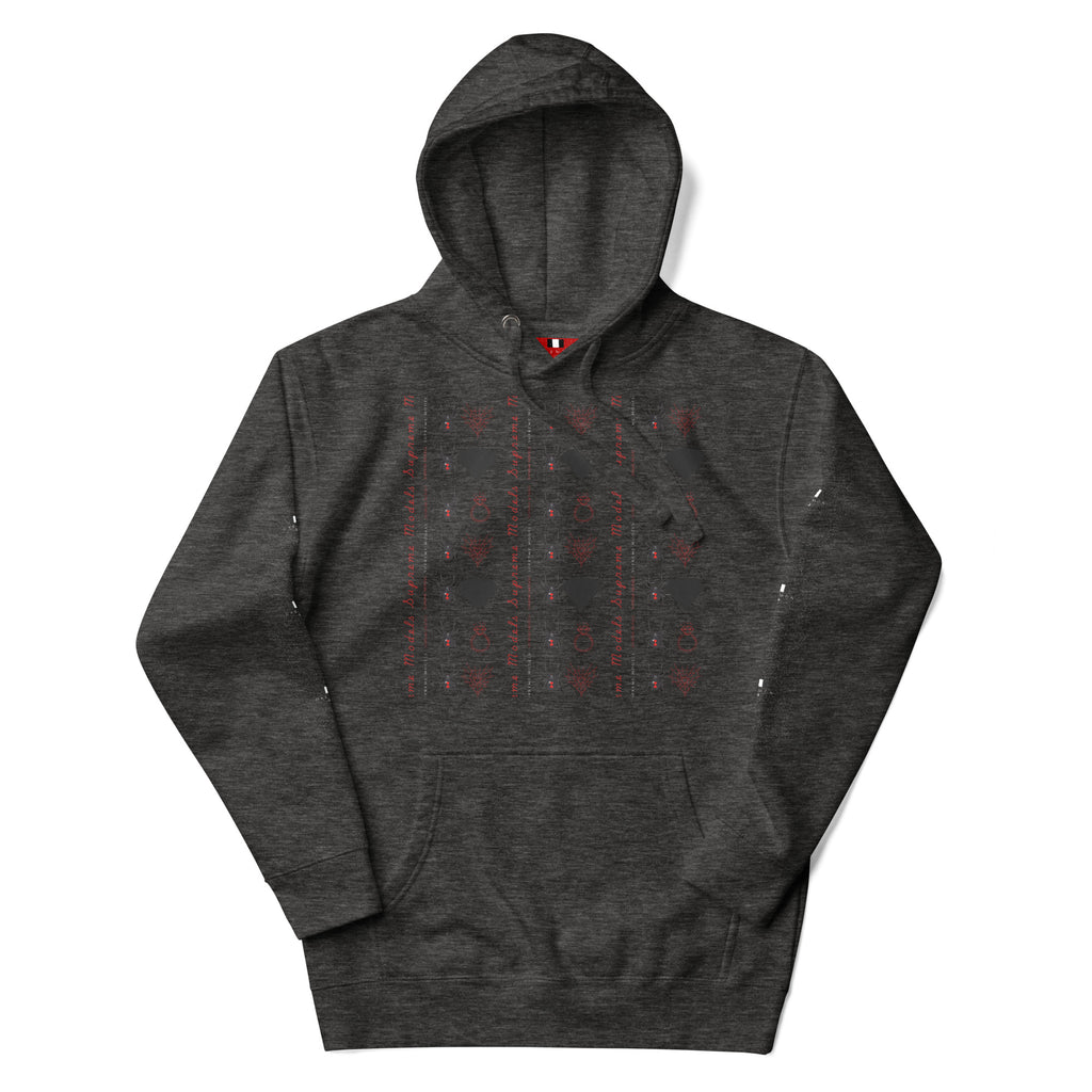 Daemon Luxury Supreme Models Elemental Powers unisex cotton hoodie in charcoal Heather, front view, premium casual pullover design.