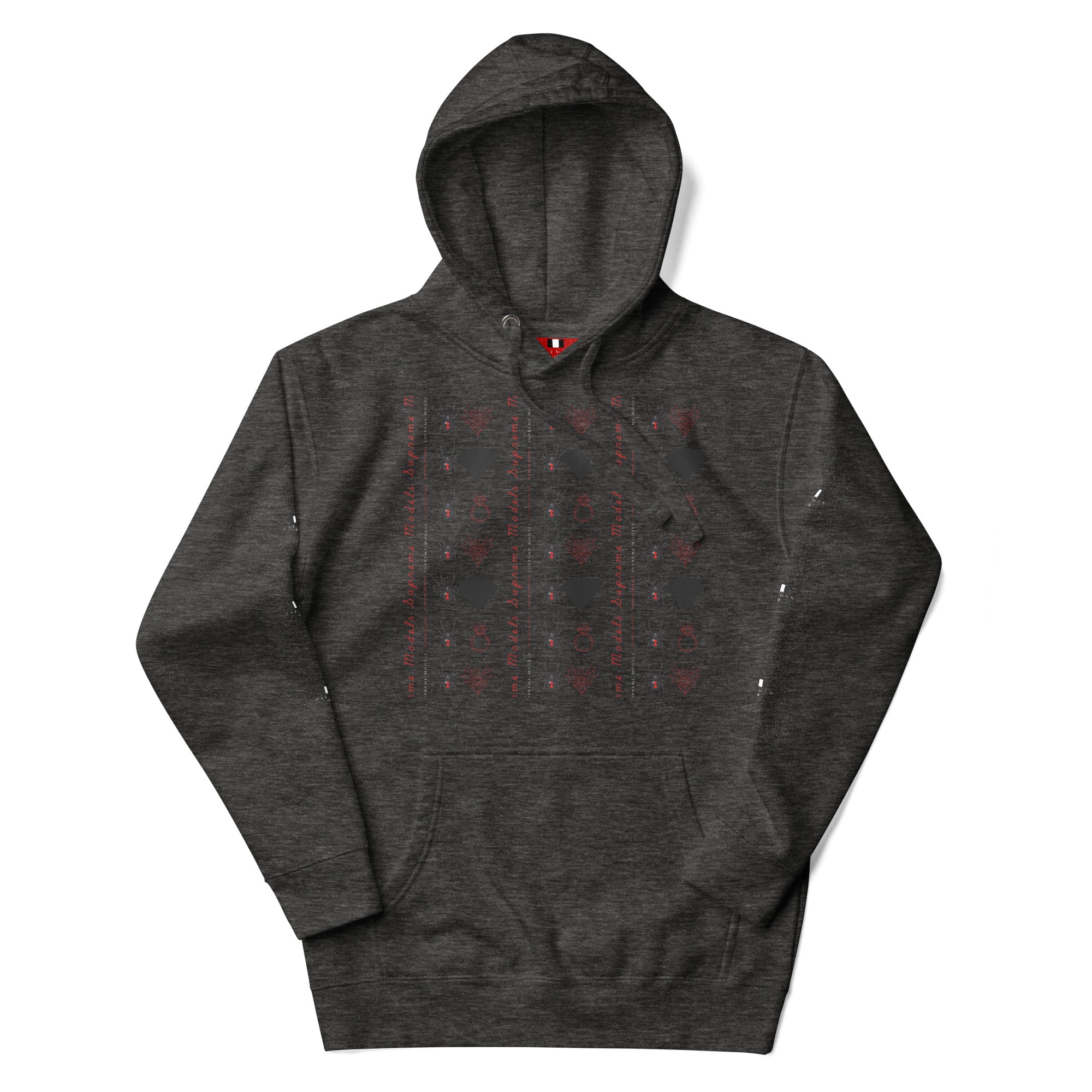 Daemon Luxury Supreme Models Elemental Powers unisex cotton hoodie in charcoal Heather, front view, premium casual pullover design.
