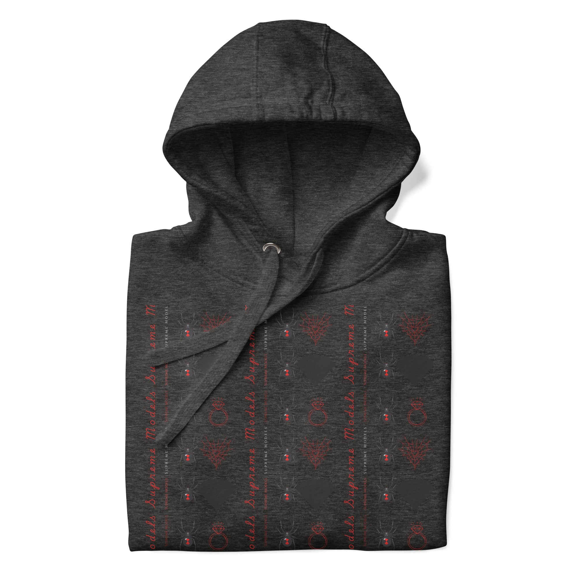 Daemon Luxury SUPREME MODELS Elemental Powers unisex cotton heritage hoodie in charcoal heather, front view.