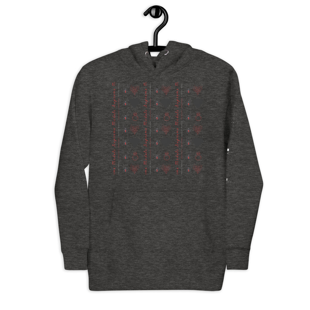 Daemon Luxury SUPREME MODELS Elemental Powers unisex cotton pullover hoodie in charcoal heather, front view showing design details.