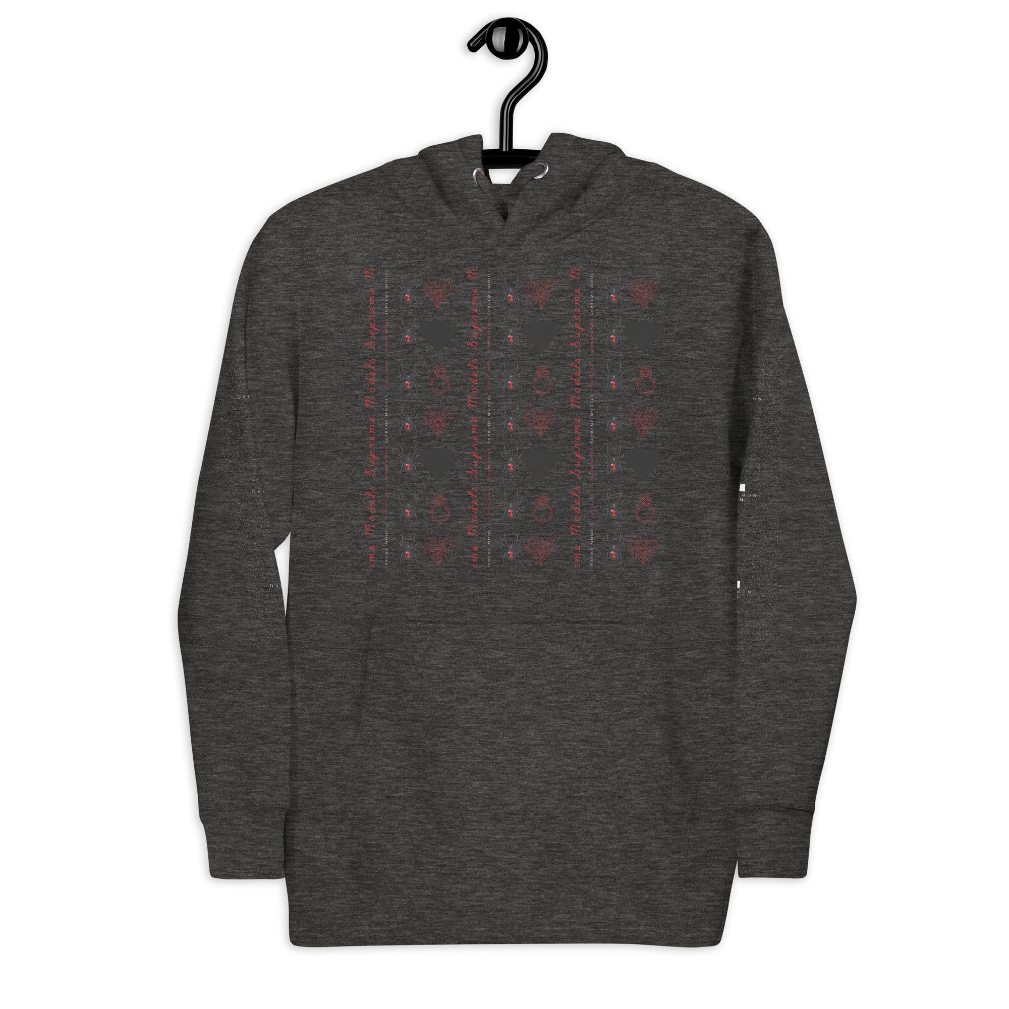 Daemon Luxury SUPREME MODELS Elemental Powers unisex cotton pullover hoodie in charcoal heather, front view showing design details.