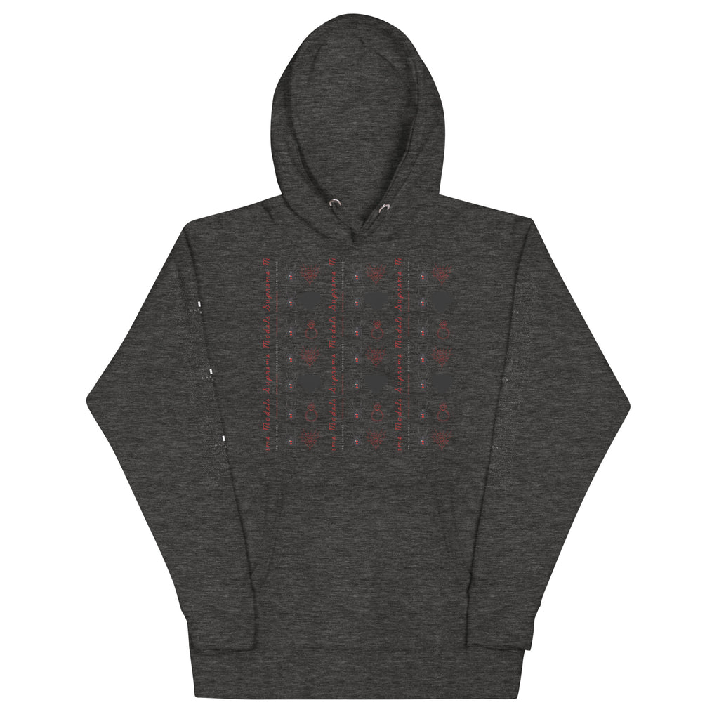 Daemon Luxury Supreme Models Elemental Powers unisex charcoal heather cotton hoodie with front graphic design.
